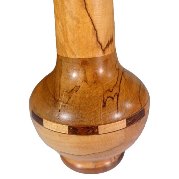 Vintage 10.5" Turned Spalted Beech & Segmented Maple Marquetry Bud Vase Signed - Picture 8 of 11